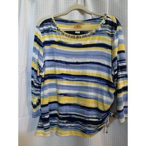 Ruby Rd Petite Womens Blue Yellow Striped Shirt‎ XL